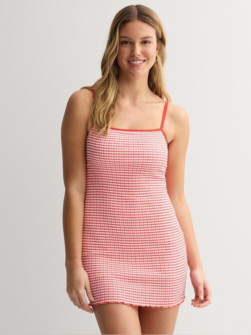 SO Juniors Red White Gingham Mini Dress XXL Crinkle Knit Square Neck NWT.